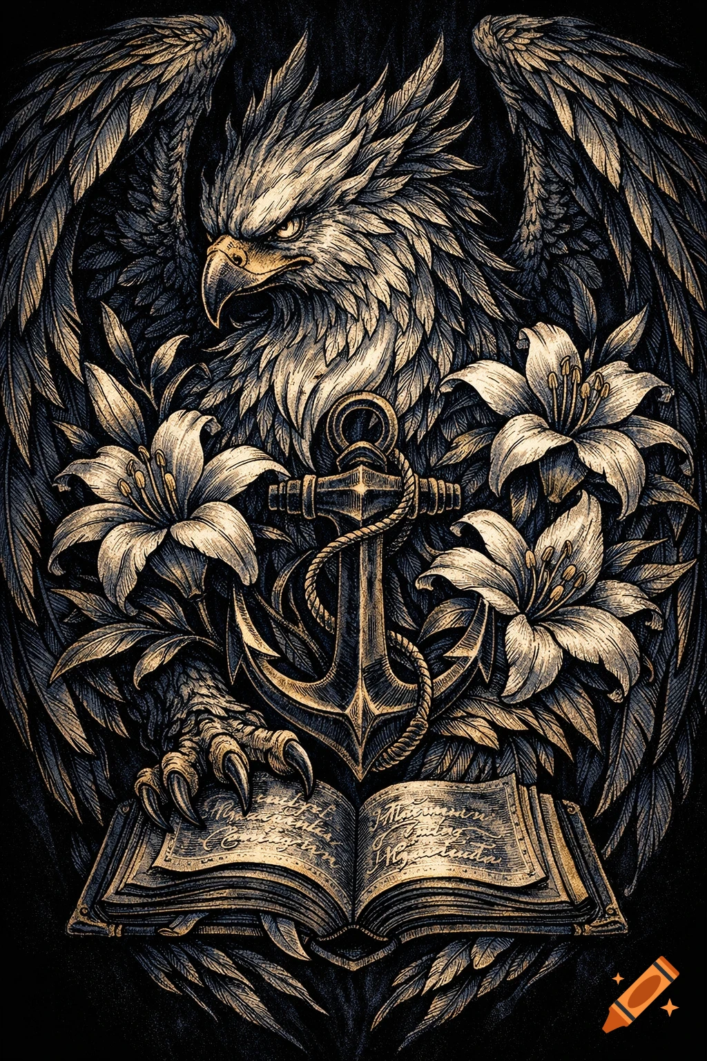 Detailed engraved illustration of an eagle-like griffin with spread wings, clutching an anchor, open book, and lilies.