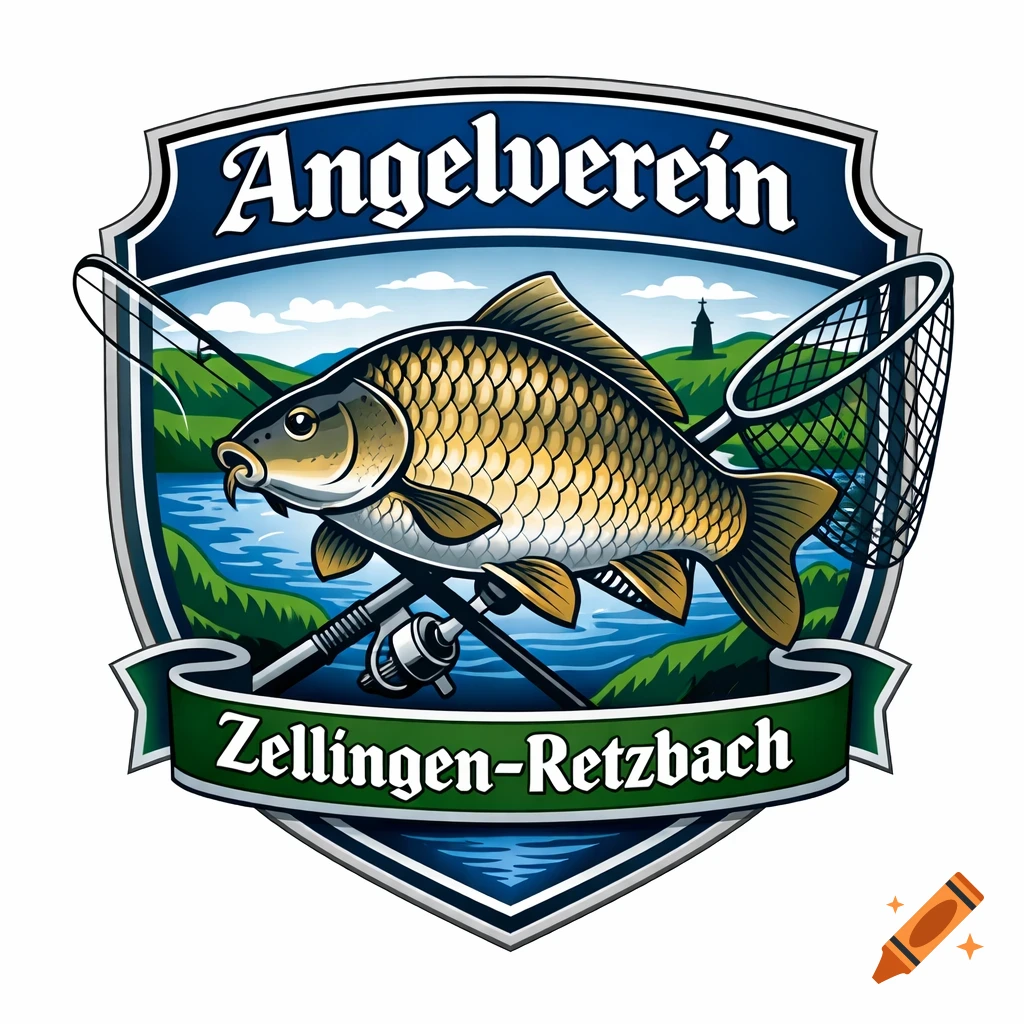 A shield-shaped logo featuring a carp, fishing rod, and net against a landscape of a lake and hills. Text reads 'Angelverein Zellingen-Retzbach'.