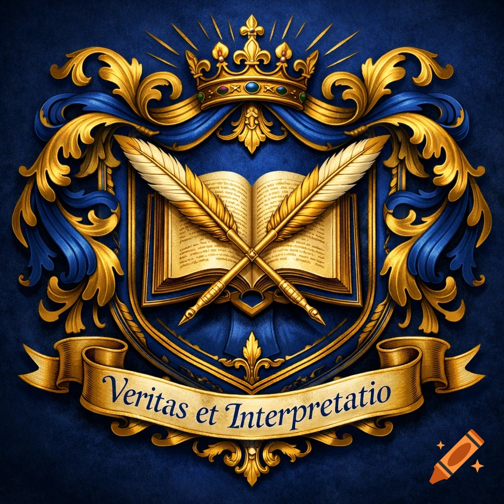 A regal blue and gold coat of arms featuring a crown, an open book, and two crossed quill pens over a banner reading 'Veritas et Interpretatio'.