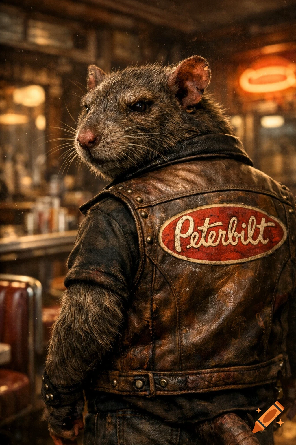 Photorealistic image of an anthropomorphic rat wearing a distressed brown leather Peterbilt vest in a dimly lit diner.