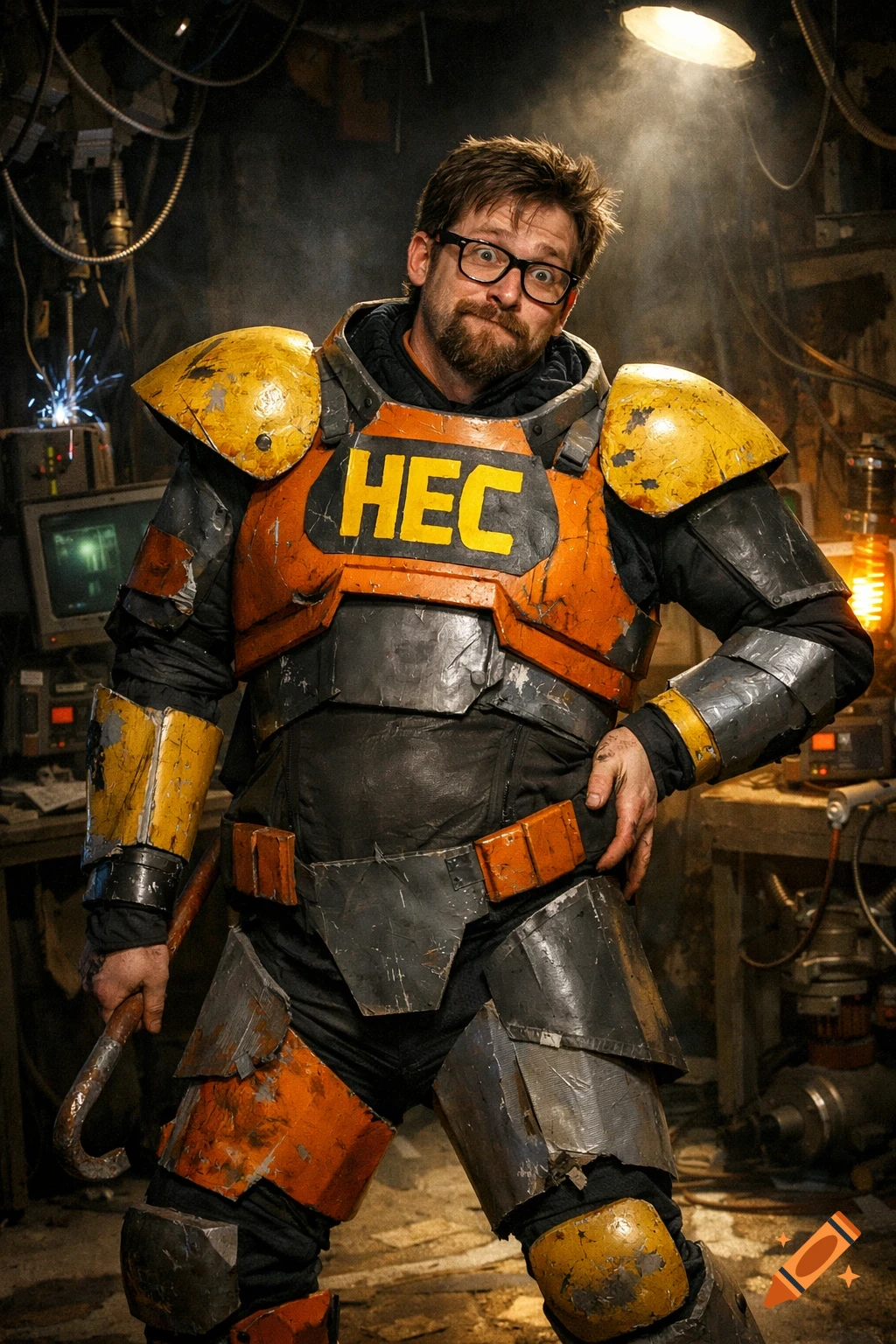 A man in a worn orange and gray sci-fi suit with "HEC" on the chest, holding a crowbar, poses with a silly face in a cluttered workshop.