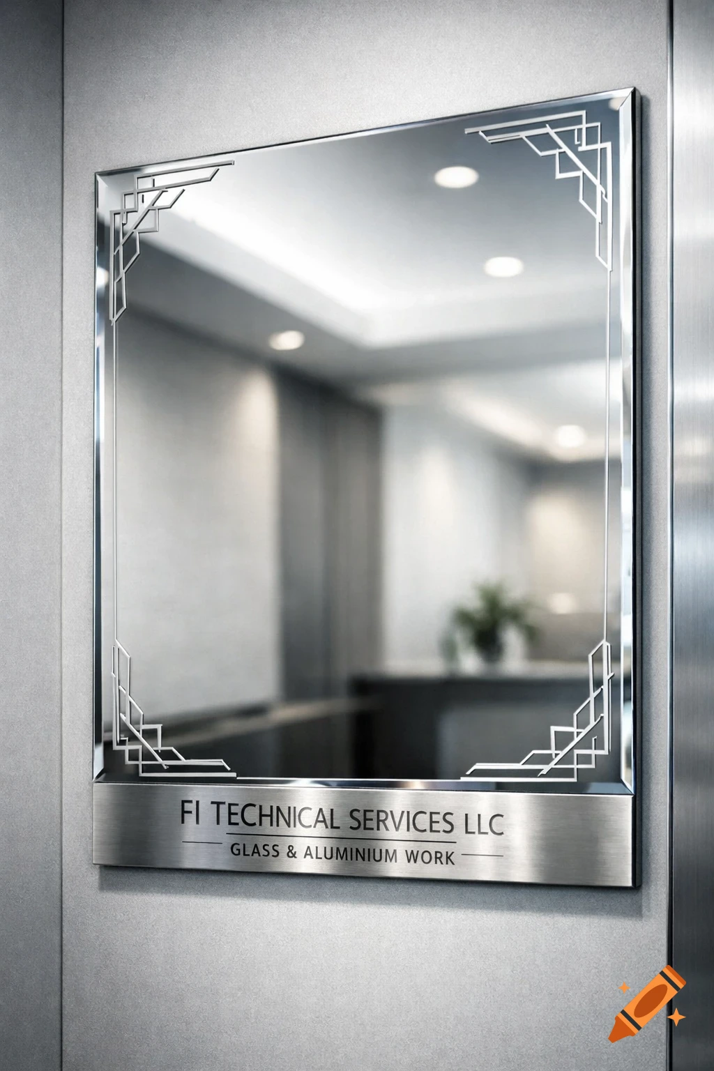 A decorative mirror with an etched art deco frame mounted on a gray wall, above a brushed metal plaque with business text.