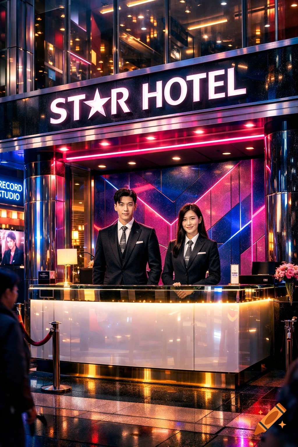 Two hotel staff, a man and a woman in black suits, stand behind a glossy white front desk in a vibrant K-pop-themed hotel lobby with neon lights.