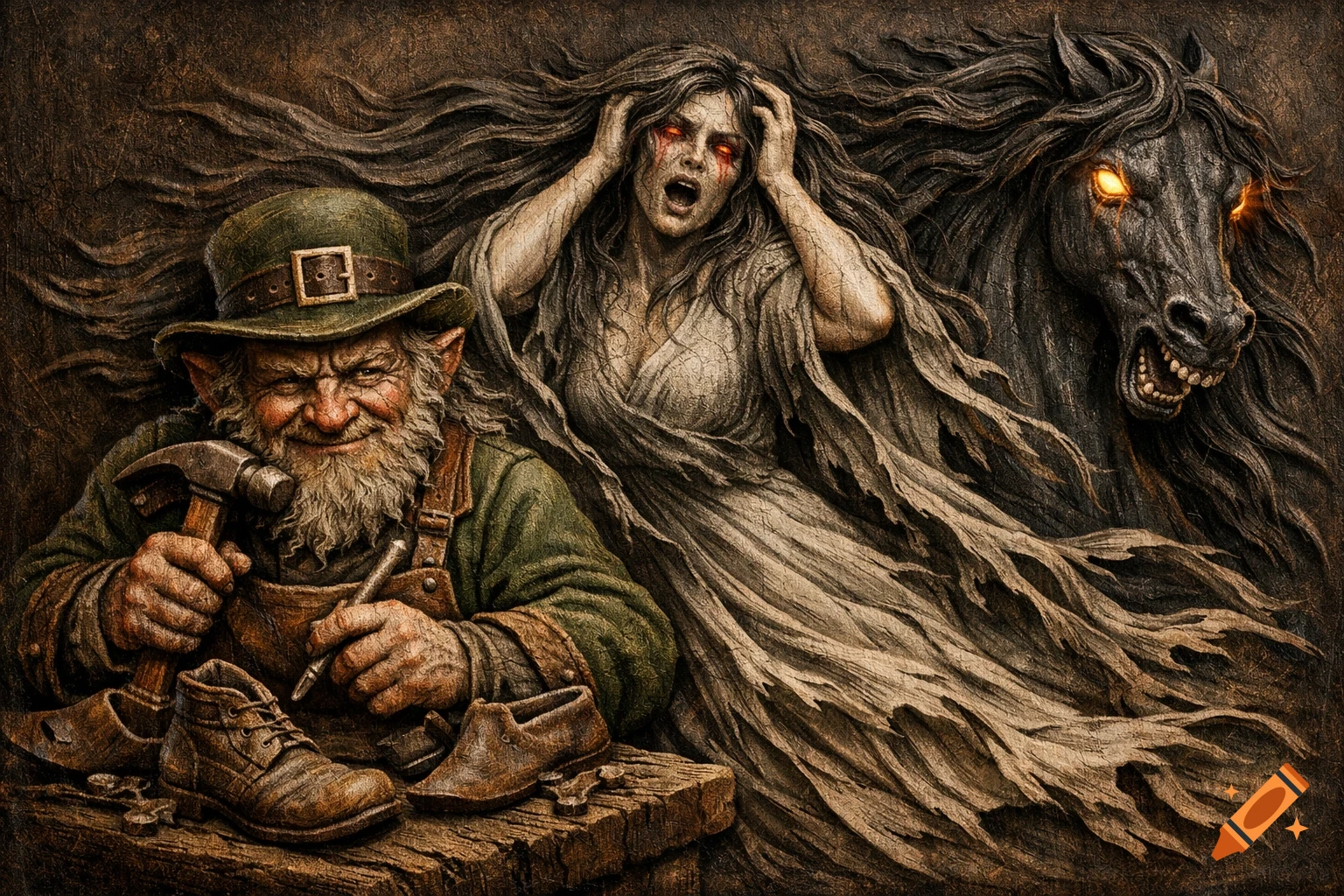 Dark, textured fantasy art depicting a smiling leprechaun cobbler, a screaming banshee, and a fierce black horse with glowing eyes.
