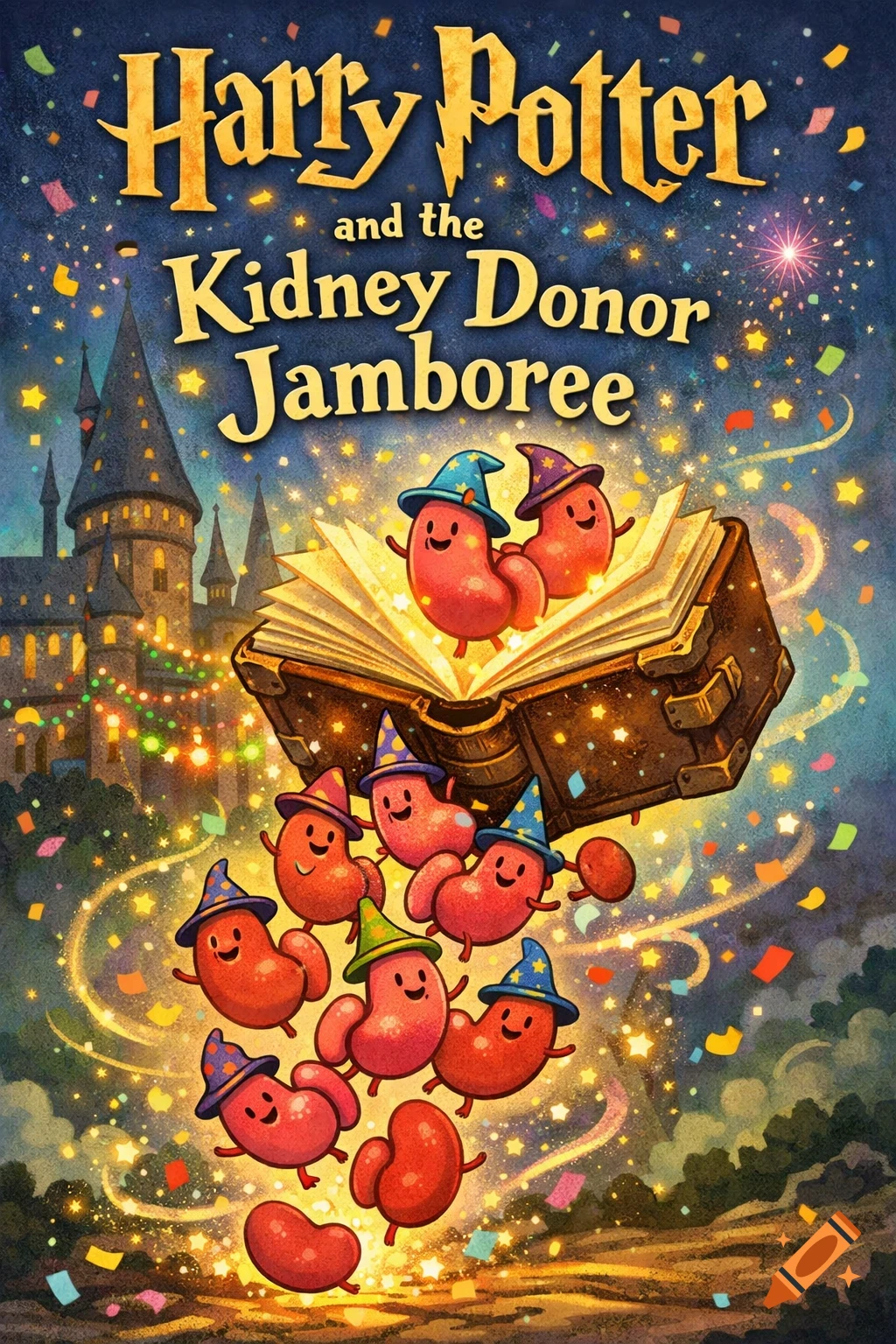 Whimsical book cover: 'Harry Potter and the Kidney Donor Jamboree' with cartoon kidneys in wizard hats flying around a spellbook and Hogwarts.