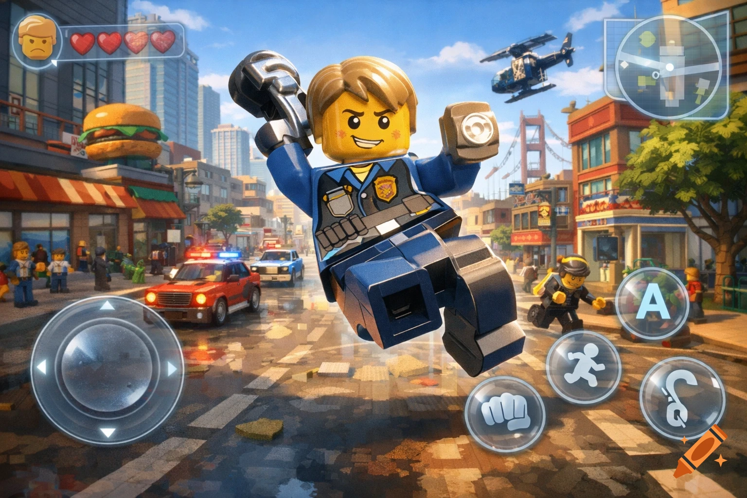 A Lego police officer flies through a city street with mobile game controls overlaid. A helicopter and bridge are in the background.