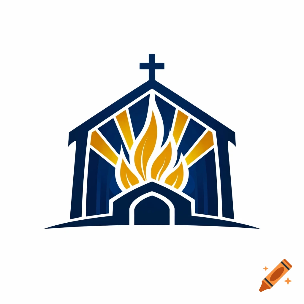 A stylized dark blue church logo with a cross, featuring golden rays and flame-like elements in the center.