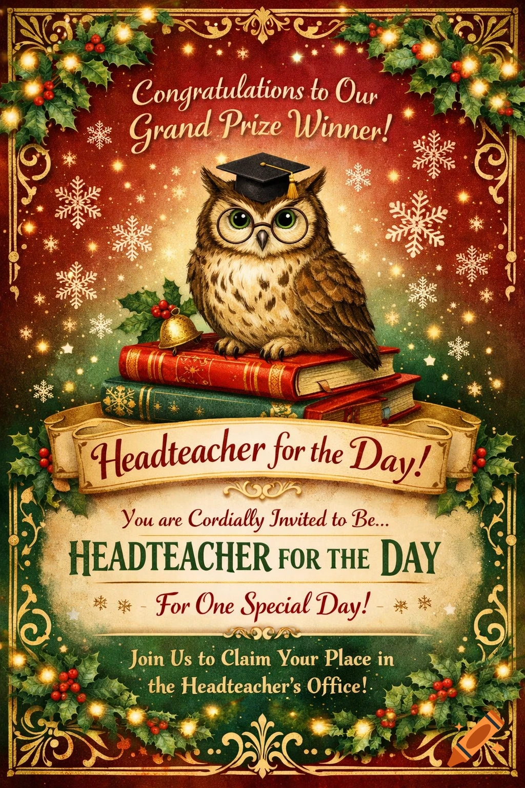 A festive Christmas invitation features a scholarly owl in a graduation cap sitting on books, surrounded by holly, lights, and snowflakes.