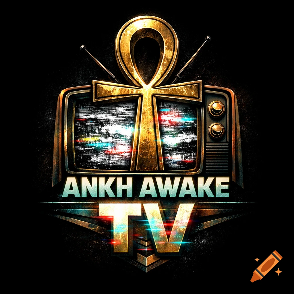 A stylized logo featuring a golden Ankh on a static-filled retro TV with the text 'ANKH AWAKE TV' below.