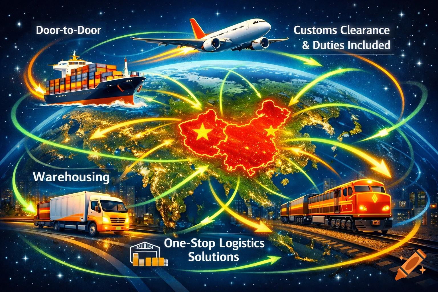 Global map showing China as a hub with glowing logistics routes, featuring a ship, plane, truck, and train with service labels.