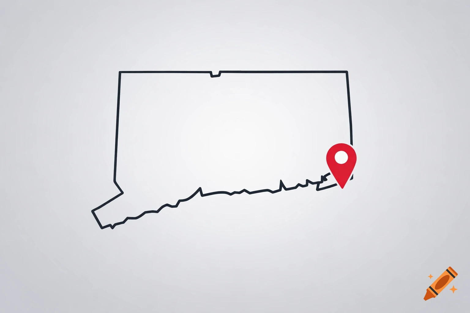 Outline map of Connecticut with a red location pin on its eastern border.