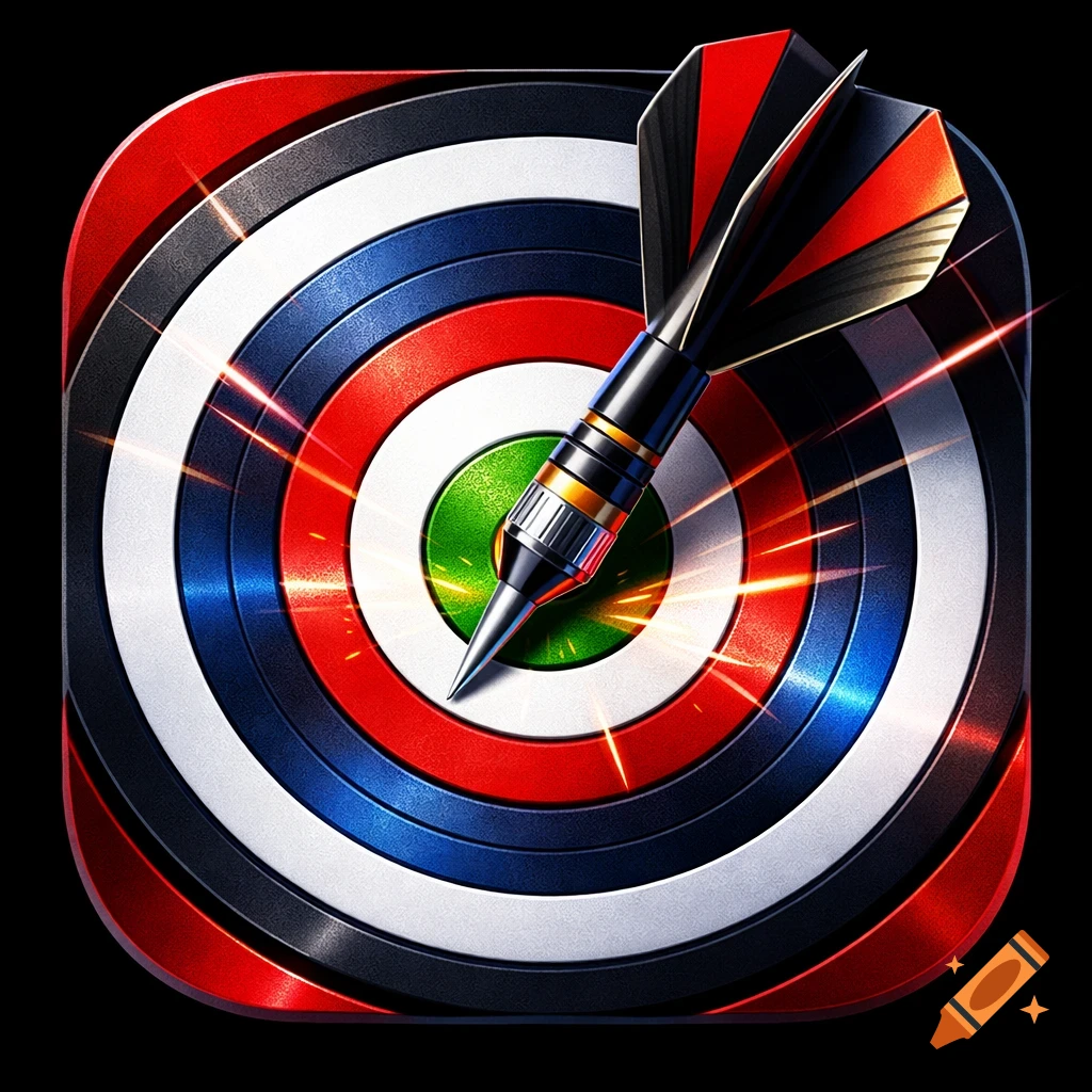 Vibrant app icon of a dart hitting the bullseye of a red, white, and blue target, with glowing effects.
