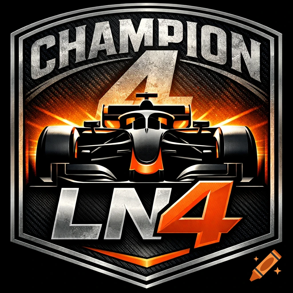 A stylized black and orange Formula 1 race car on an emblem with "CHAMPION", "LN4", and a large "4" on a carbon fiber background.