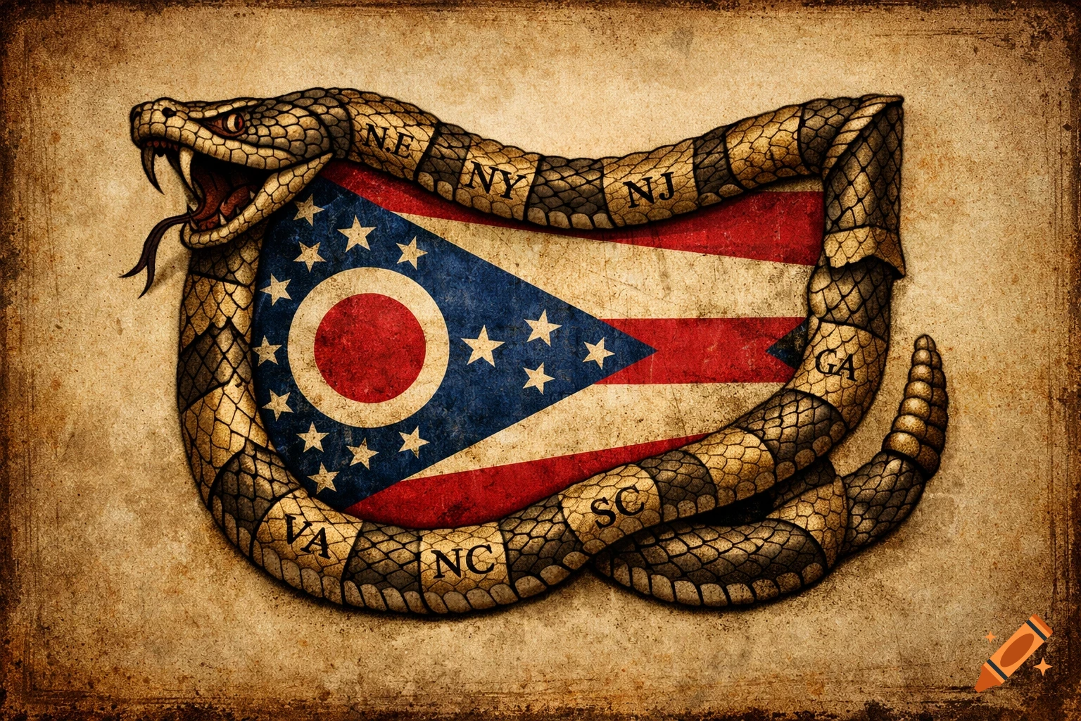 A vintage-style illustration depicts a rattlesnake, similar to the "Join, or Die" cartoon, wrapped around the Ohio state flag.