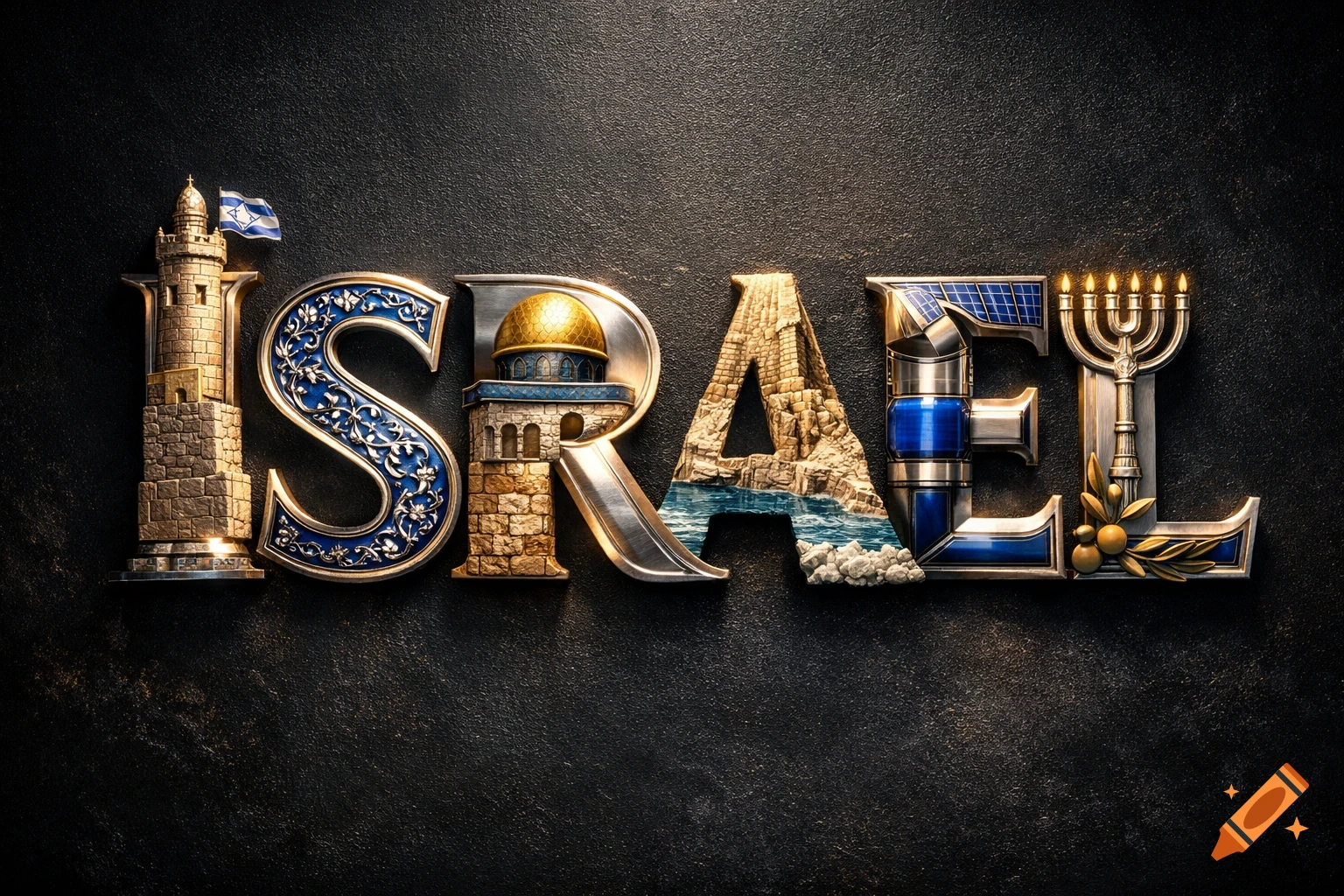 3D metallic typography of 'ISRAEL' with each letter depicting Israeli landmarks and symbols like a tower, Dome of the Rock, and a menorah on a dark background.