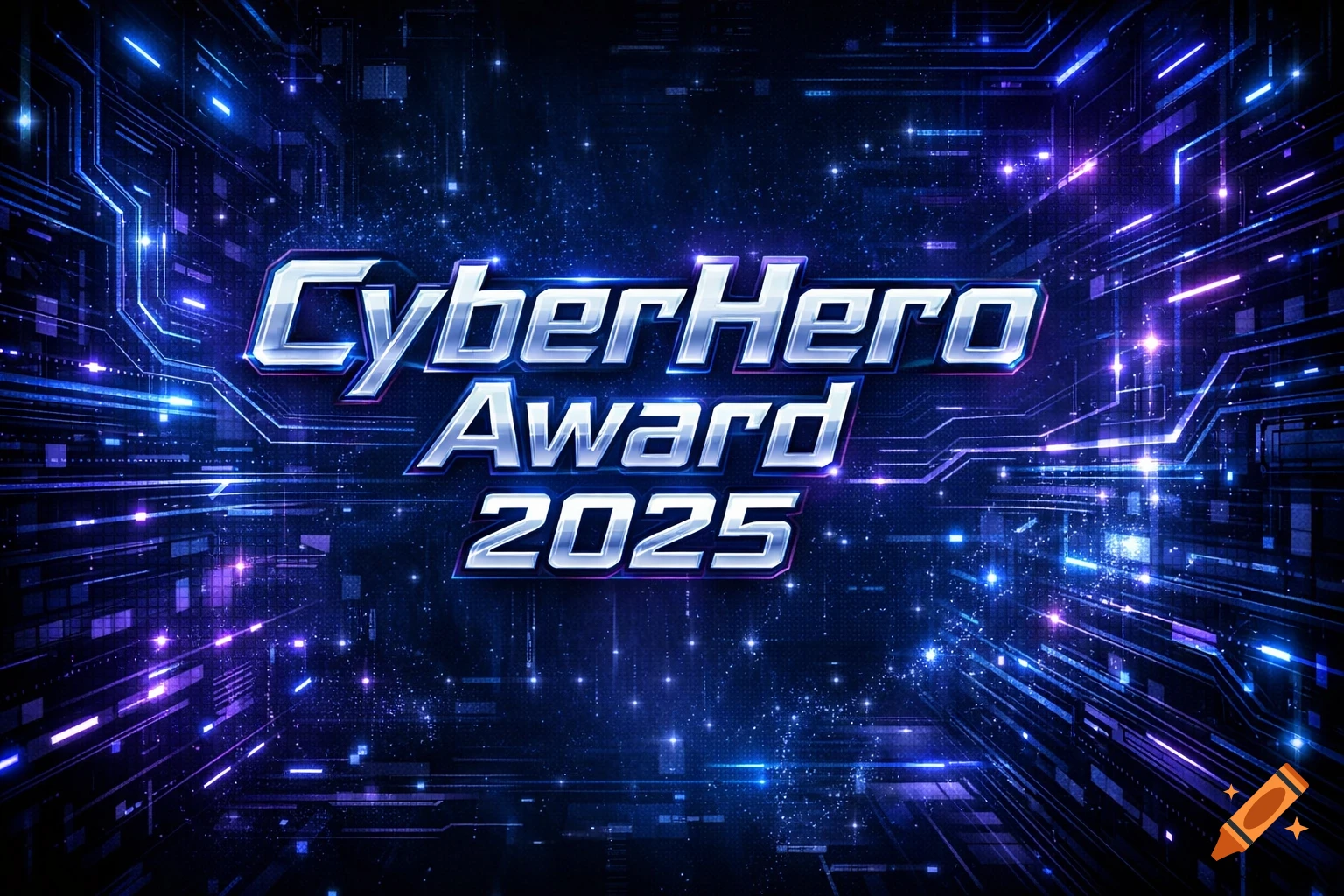 The text 'CyberHero Award 2025' in metallic silver, set against a glowing blue and purple futuristic cyber background.