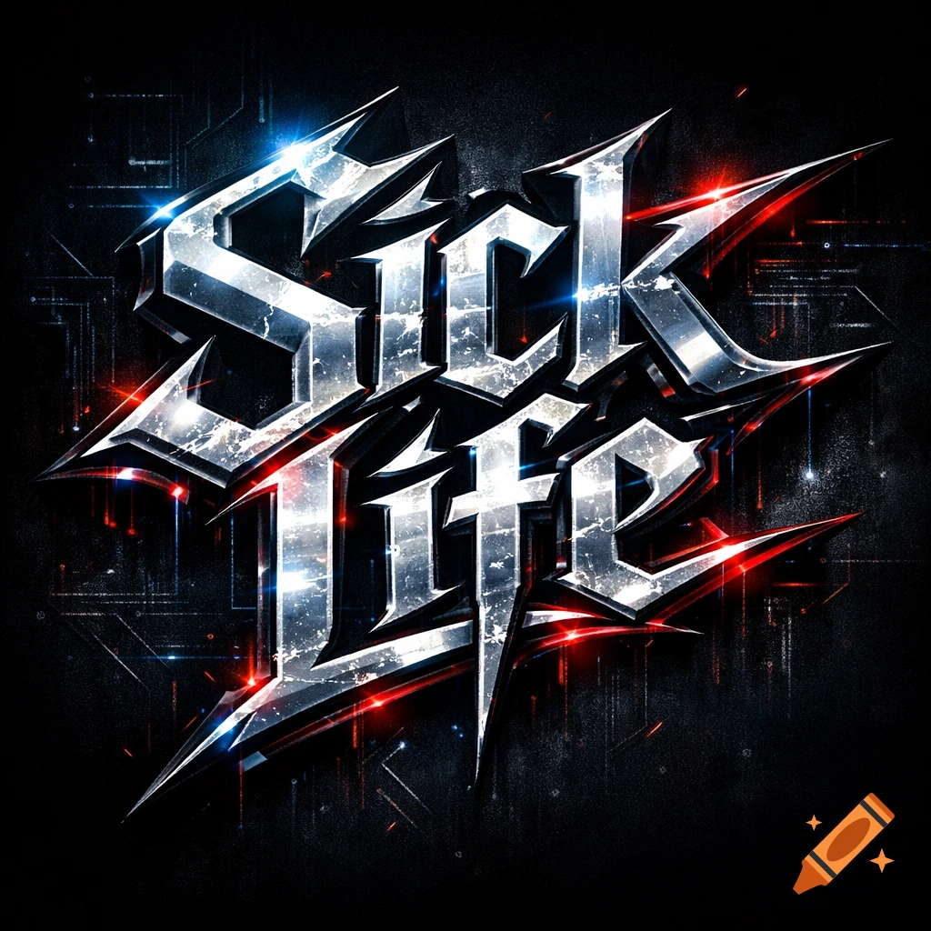 A shiny, metallic, spiked logo for "SICK LIFE" with glowing red and blue accents on a dark, gritty background.
