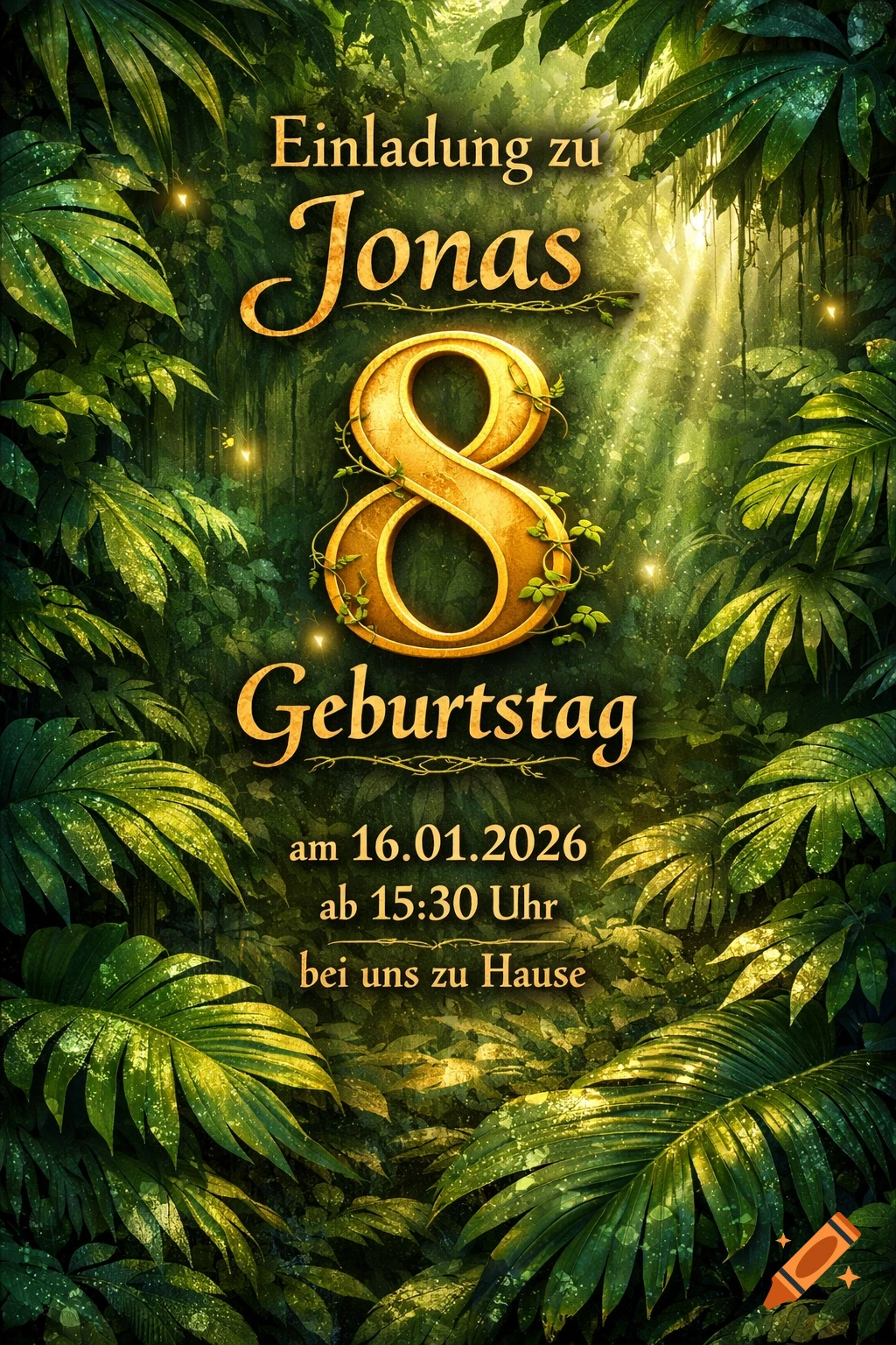 Jungle-themed birthday invitation with golden text, a large ornate number '8', lush tropical leaves, and glowing light.