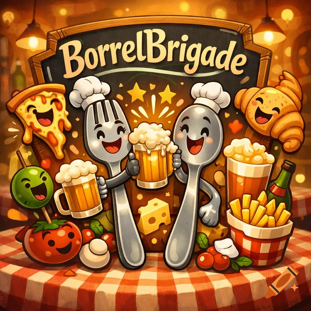 Cheerful cartoon fork and spoon characters toast with beer mugs, surrounded by smiling pizza, croissant, fries, and vegetables under a "BorrelBrigade" sign in a restaurant.