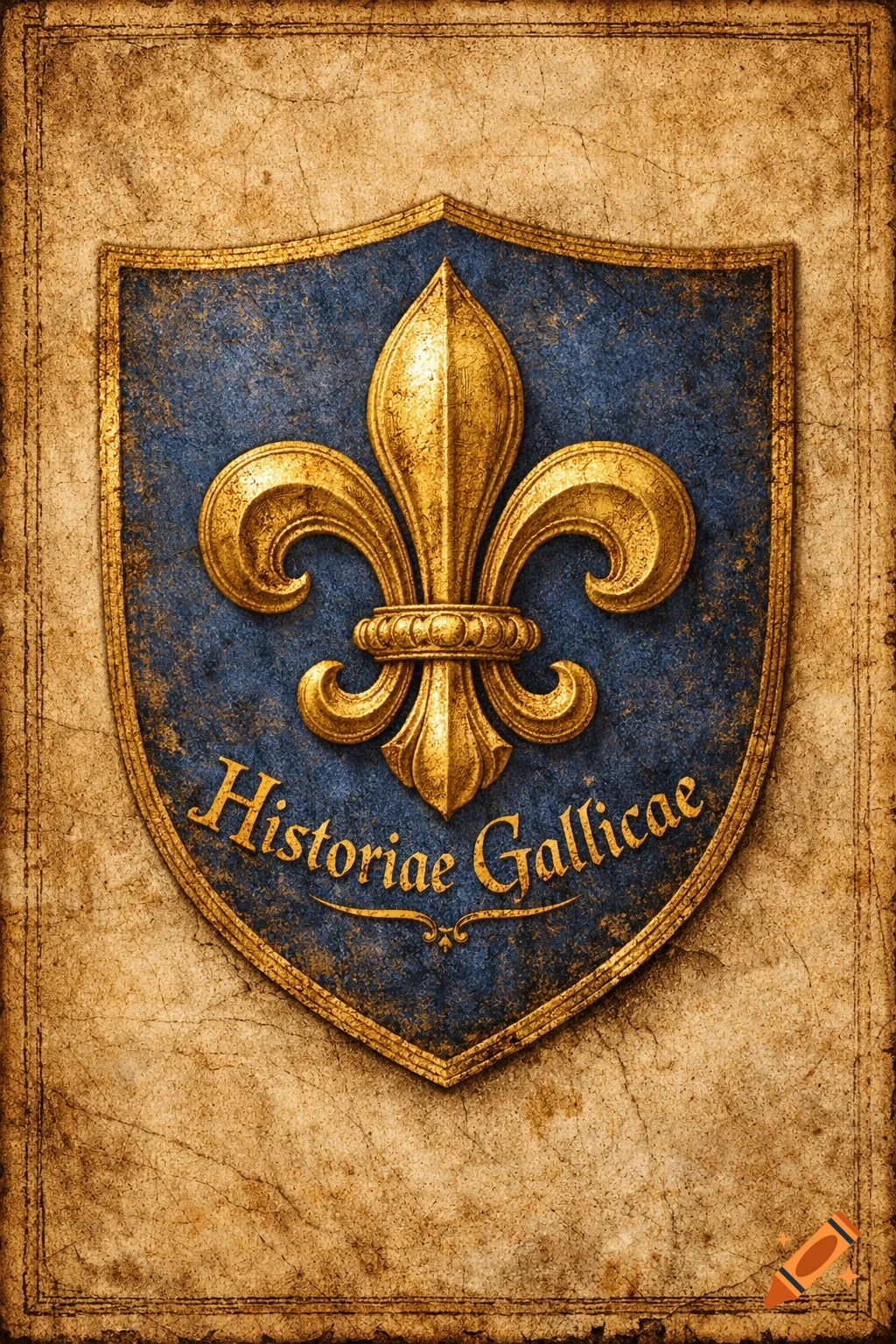 A detailed, antique illustration of a gold fleur-de-lis on a blue heraldic shield, with 'Historiae Gallicae' below, set against a parchment background.