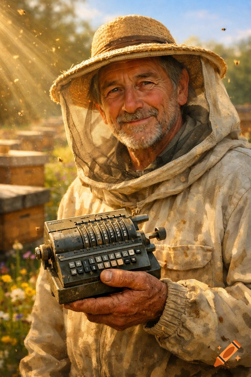 A smiling beekeeper in a straw hat and protective suit holds an old calculator amidst sunlit beehives and flying bees in a field.