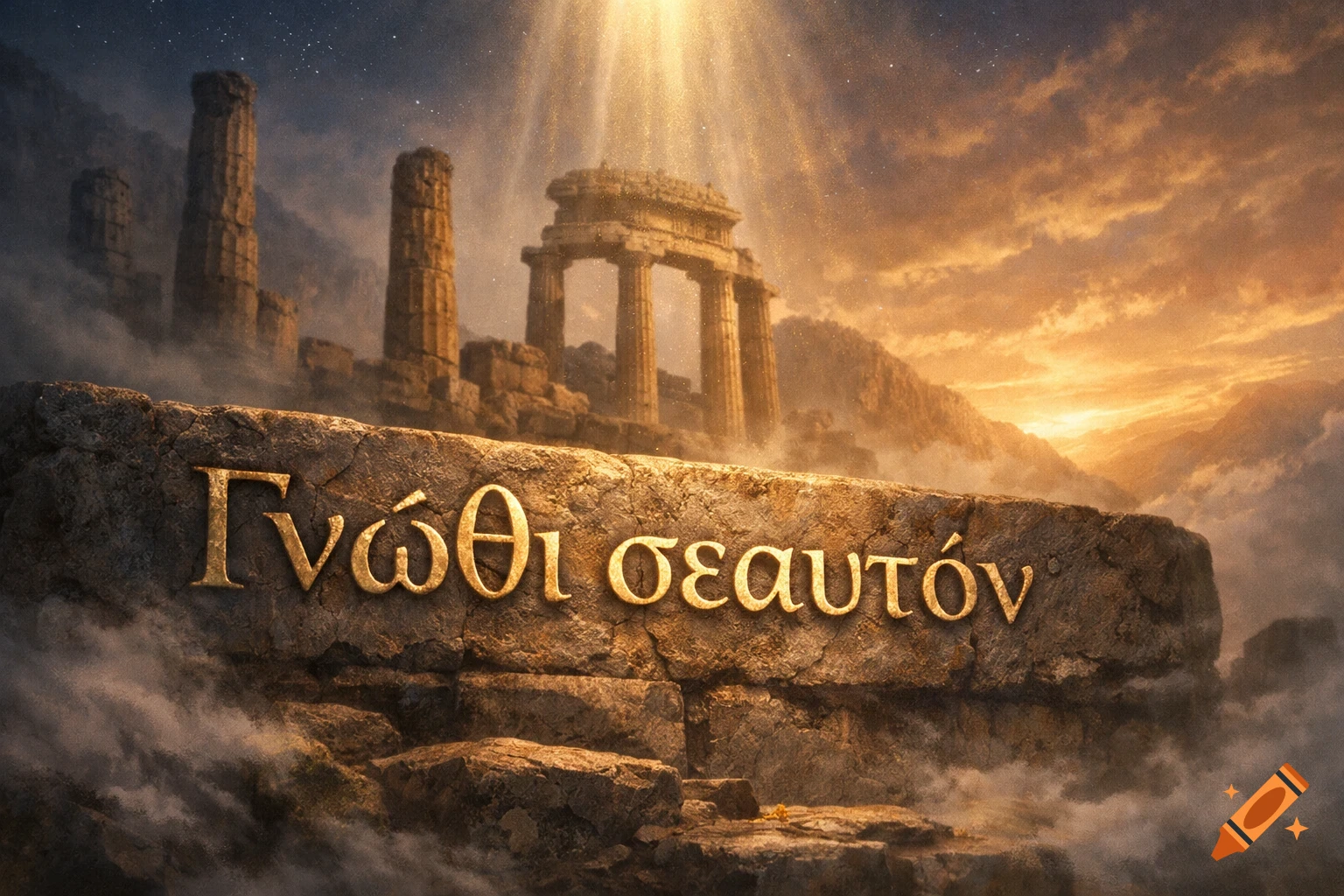 Ancient Greek ruins on a rocky cliff with golden Greek text 'Γνῶθι σεαυτόν' inscribed on the foreground rock, under a dramatic sky with sun rays.