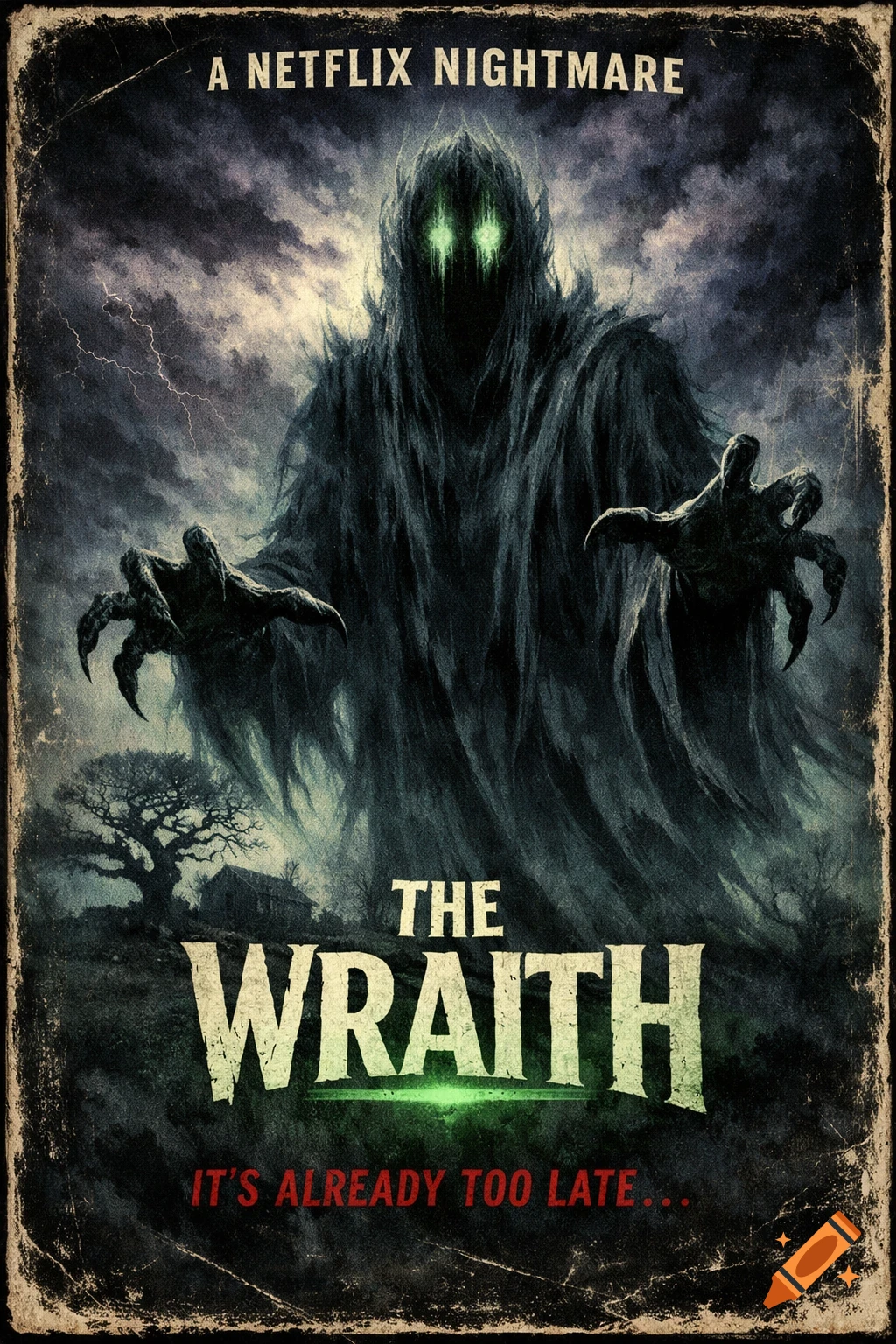 Horror movie poster for 'The Wraith' featuring a dark, hooded wraith with glowing green eyes and clawed hands, set against a stormy, dark landscape.