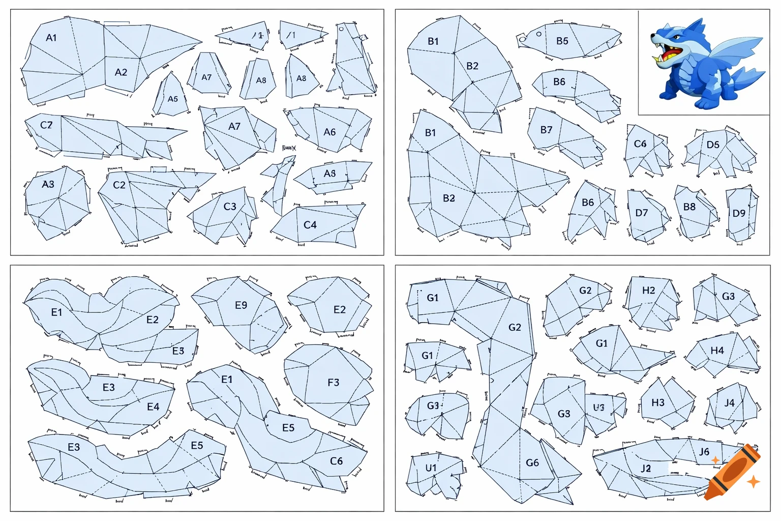 Light blue papercraft templates for a winged dragon, with black outlines, dashed fold lines, alphanumeric labels, and a small reference image of the assembled dragon.