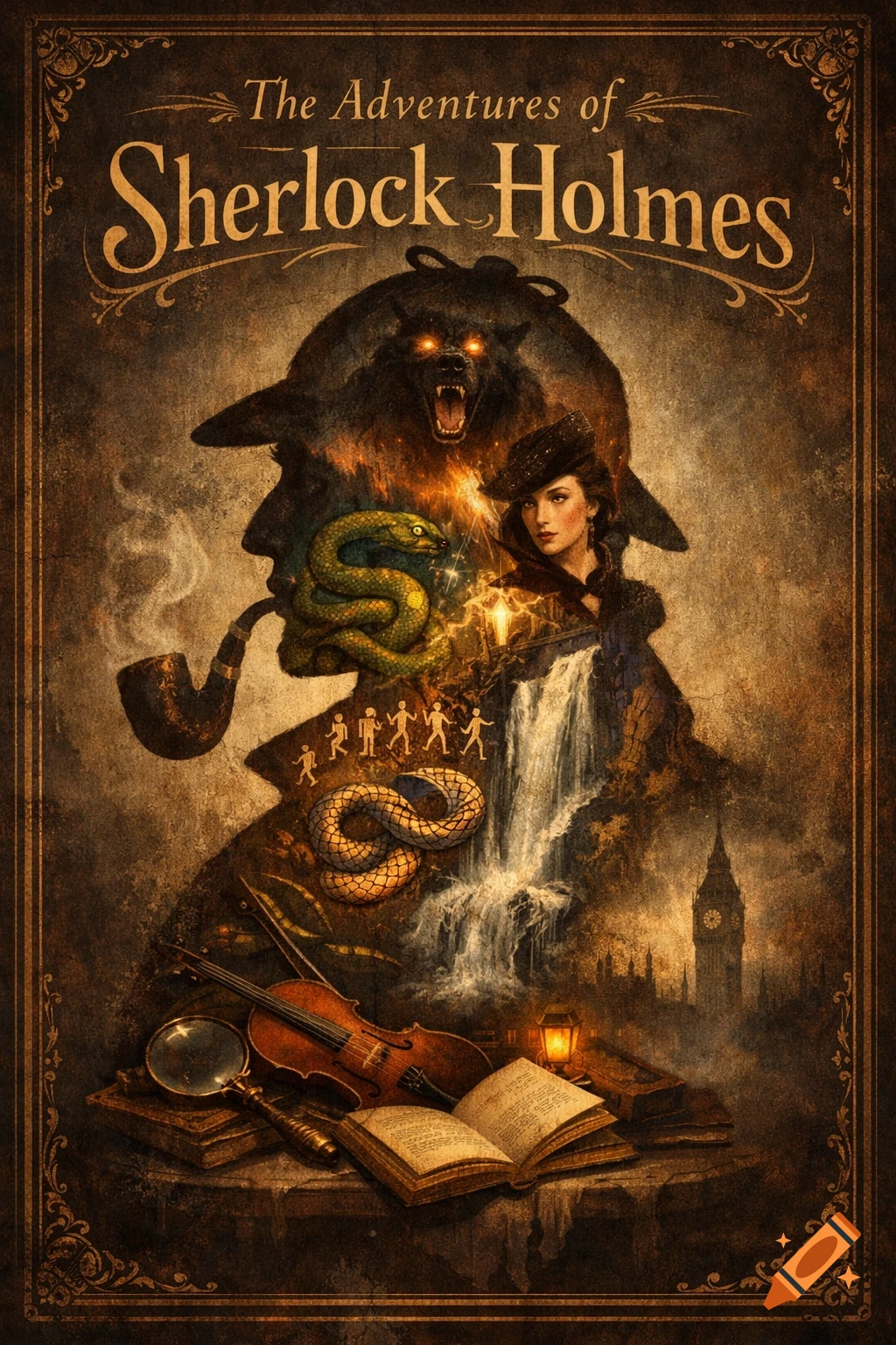 Vintage book cover for "The Adventures of Sherlock Holmes" with a central silhouette filled with symbolic scenes.