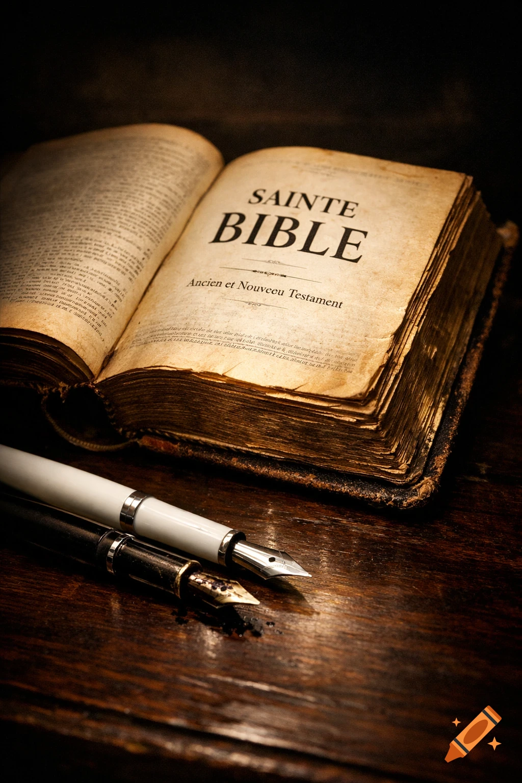An old open Bible with "Sainte Bible" and "Ancien et Nouveau Testament" on the right page, and two fountain pens on a dark wooden desk. Photorealistic style.