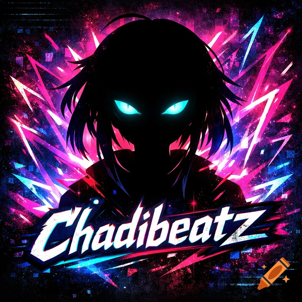 A black silhouette of an anime girl with glowing blue eyes, set against a vibrant neon pink and blue abstract background. The text "Chadibeatz" is at the bottom.