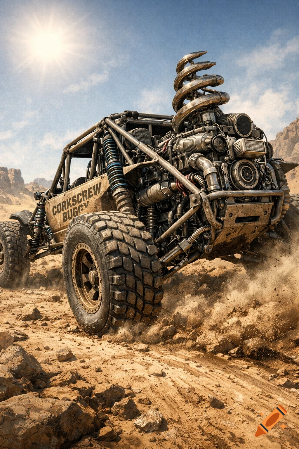 A highly detailed, rugged Corkscrew Buggy with a unique spiraled engine, kicks up dust in a sunny desert.