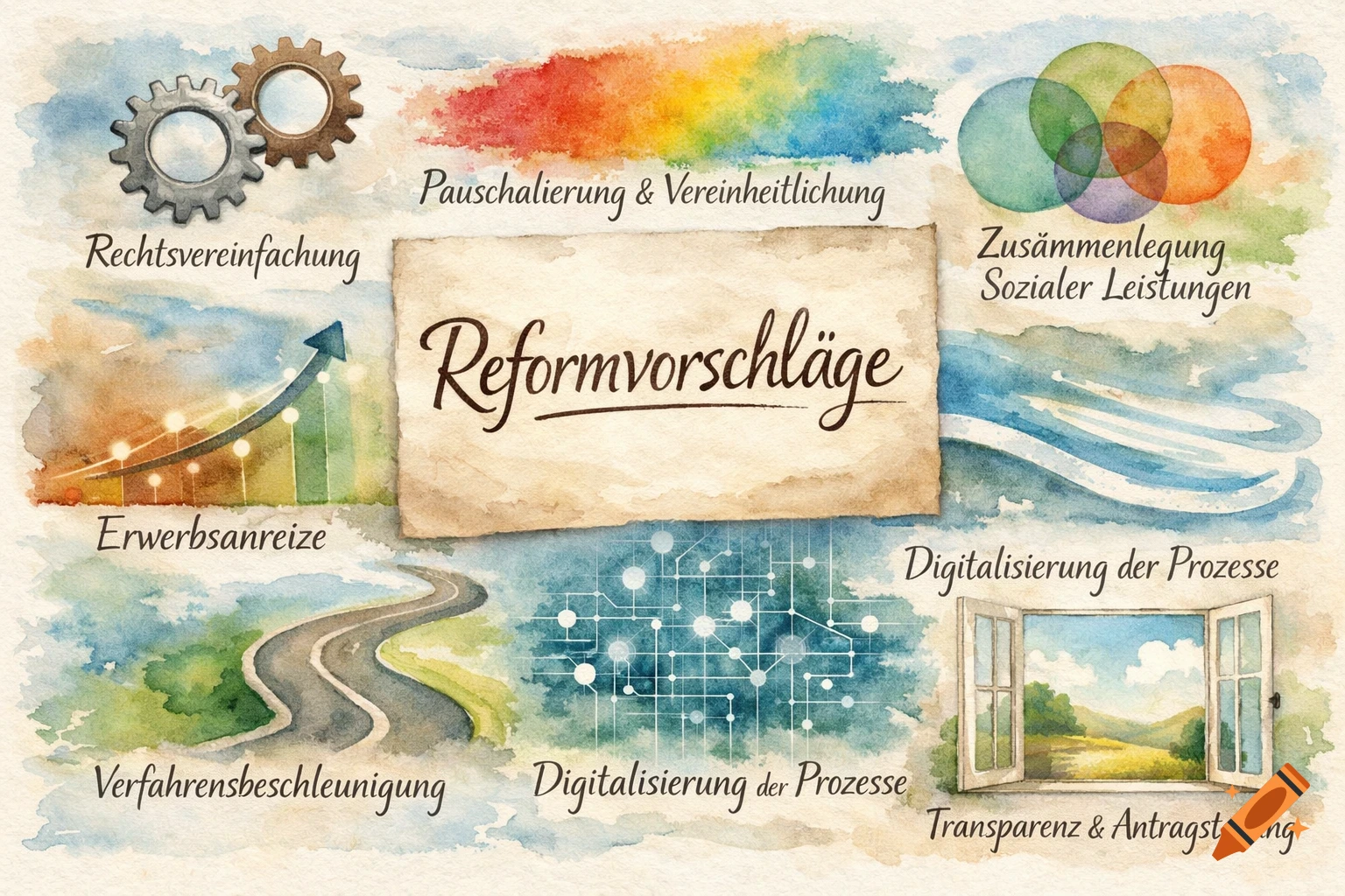 A watercolor-style infographic illustrating "Reformvorschläge" (reform proposals) with various interconnected concepts like digitalization, simplification, and incentives.
