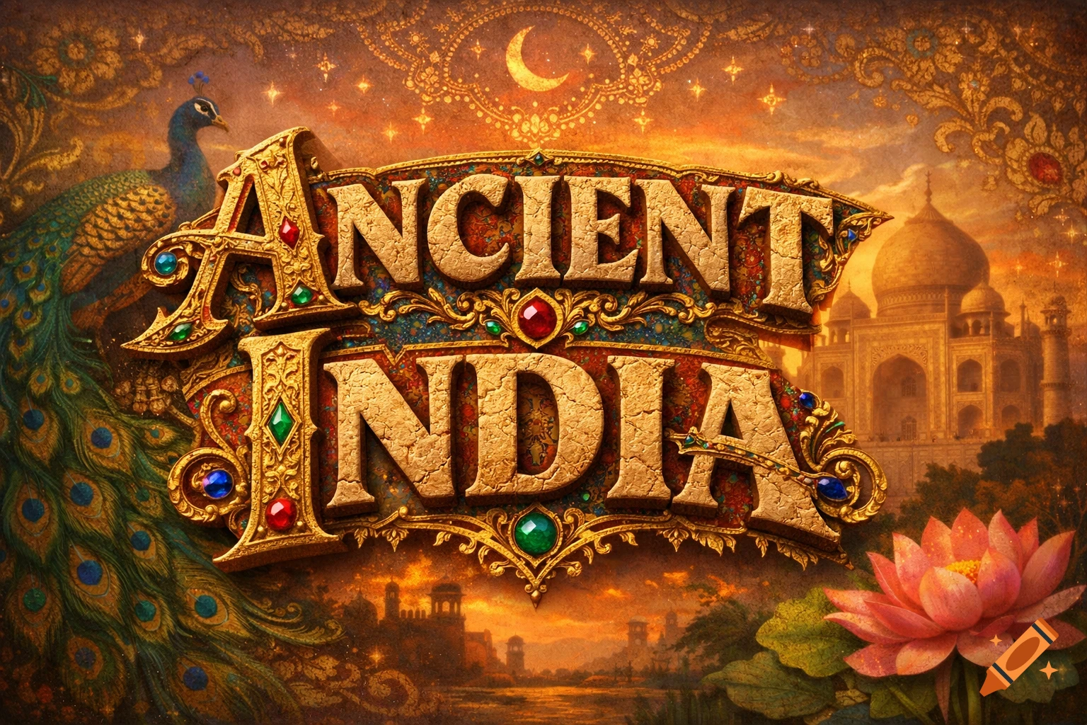 Ornate, golden 'Ancient India' title with peacock, lotus, and Taj Mahal in a warm, illustrative style.