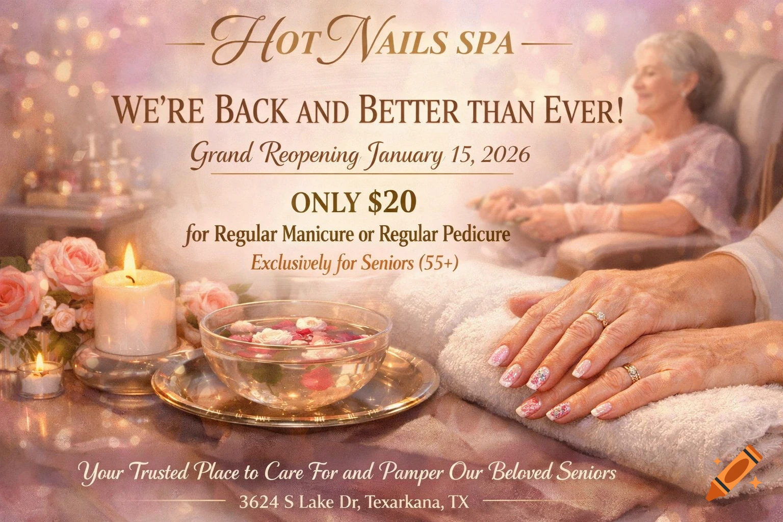 Elegant spa advertisement for 'Hot Nails Spa' showing a senior woman's manicured hands, candles, and flowers, with promotional text.