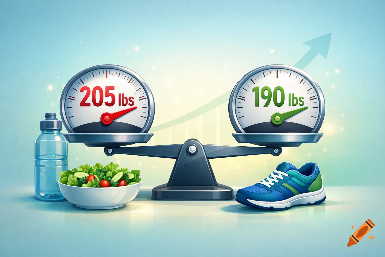 Illustration of a balance scale showing weight loss from 205 lbs with salad and water to 190 lbs with a running shoe, indicating progress.