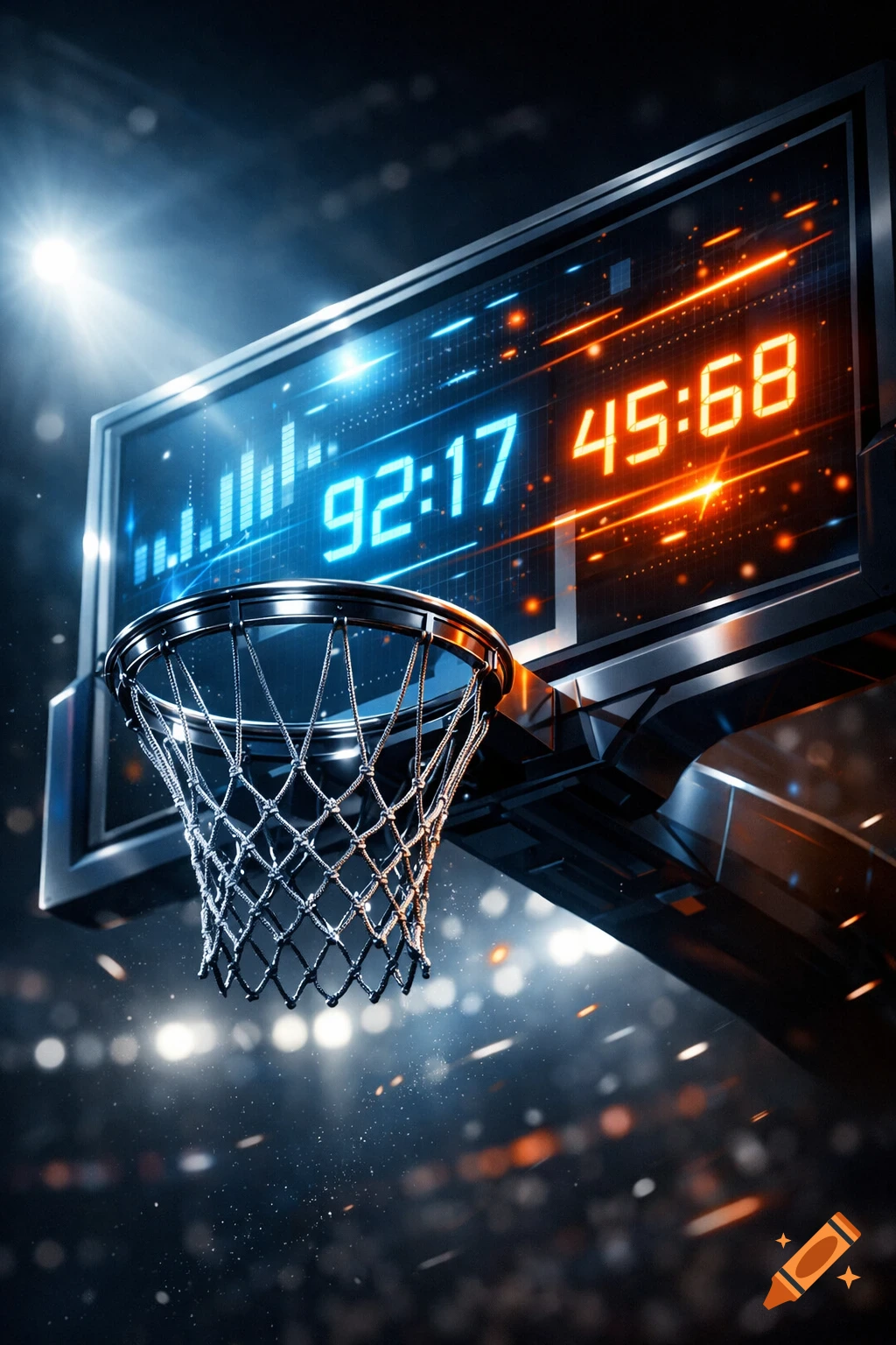 A close-up, low-angle shot of a basketball hoop and net with a futuristic-looking scoreboard on the backboard displaying digital scores against a dark, dramatic arena background with bright lights.