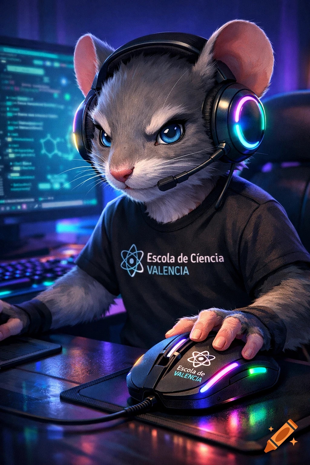 An anthropomorphic gray mouse with blue eyes and a gaming headset sits at a desk, using a glowing gaming mouse. The mouse wears a black t-shirt with the "Escola de Ciencia VALENCIA" logo.