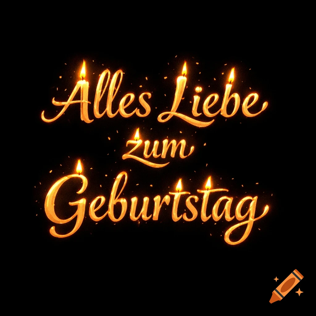 Glowing golden script text 'Alles Liebe zum Geburtstag' (Happy Birthday) with candle flames on a black background.