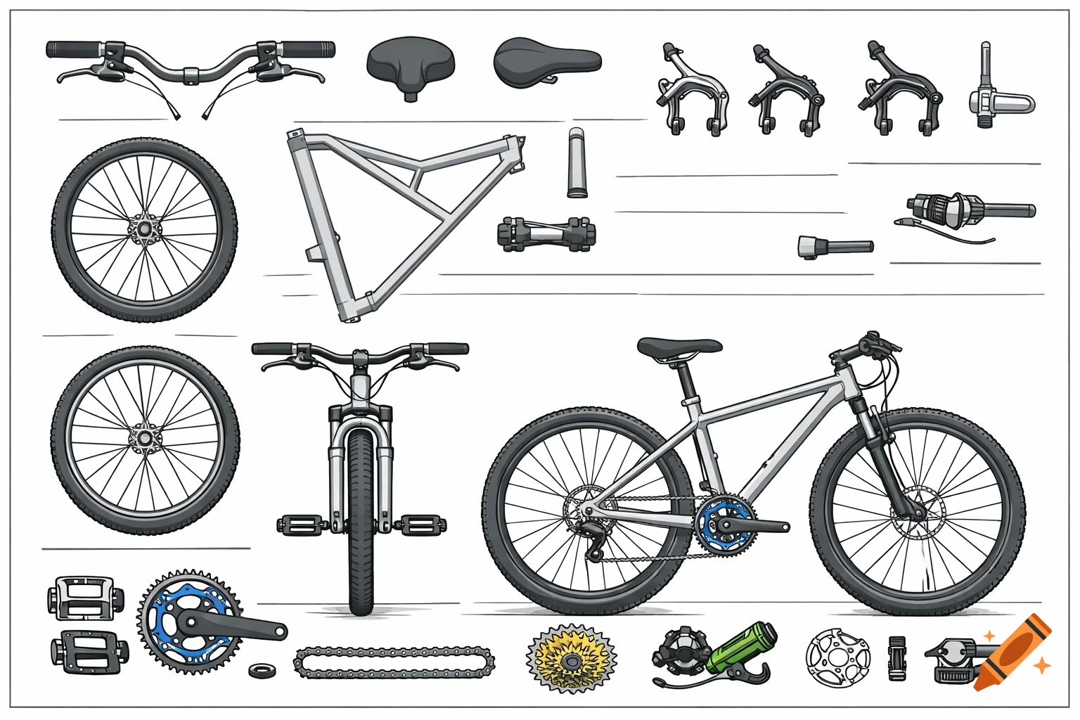 Technical illustration of a bicycle, showing various disassembled components and a complete bike.