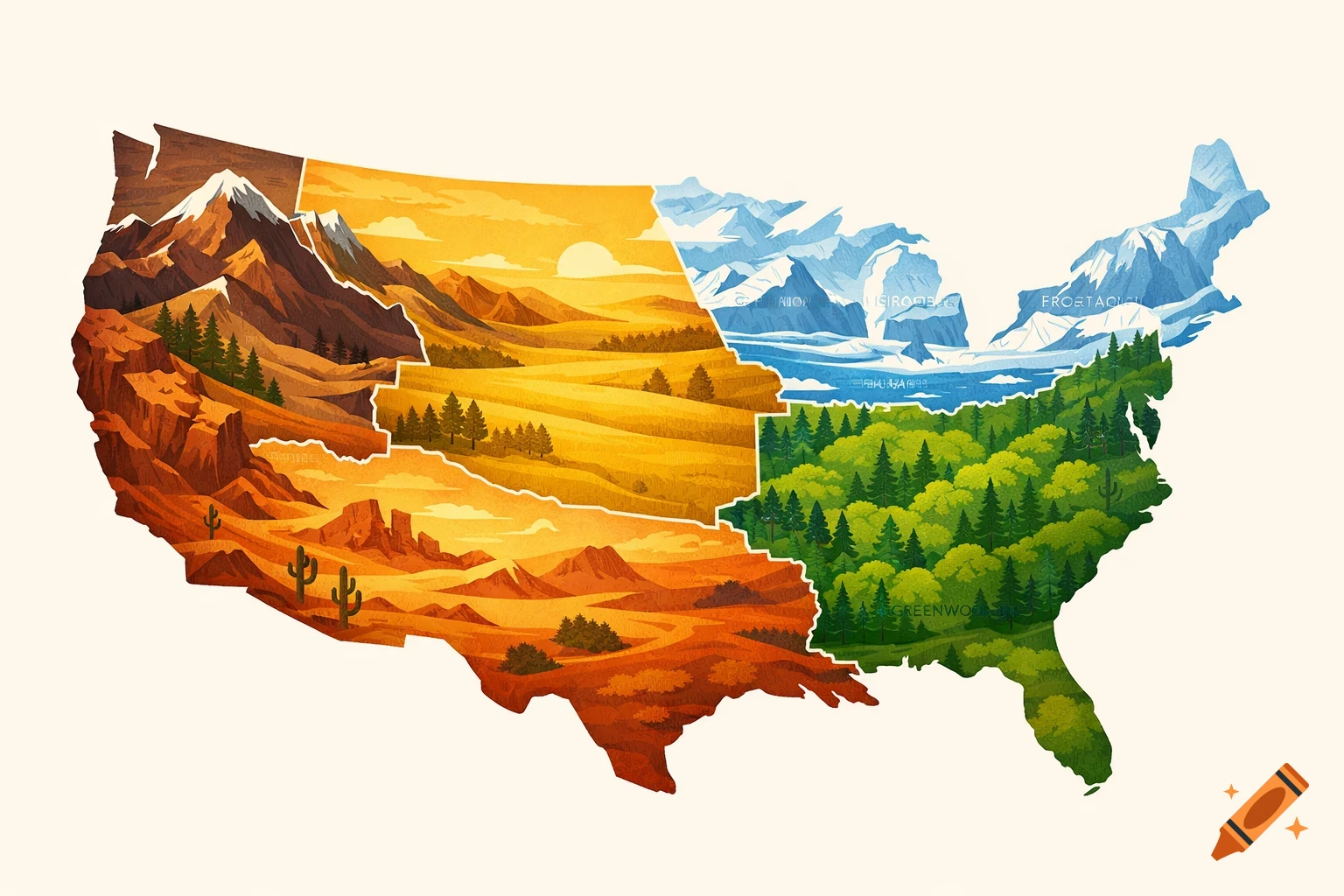 A stylized map of the United States divided into four distinct biomes: desert, plains, mountains/ice, and forest.