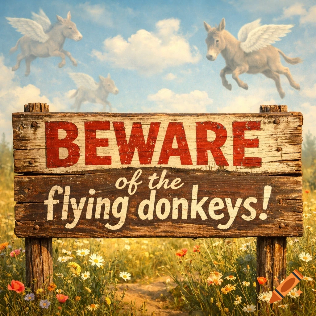 A rustic wooden sign in a meadow warns 'BEWARE of the flying donkeys!', with three winged donkeys soaring in the sunny blue sky.