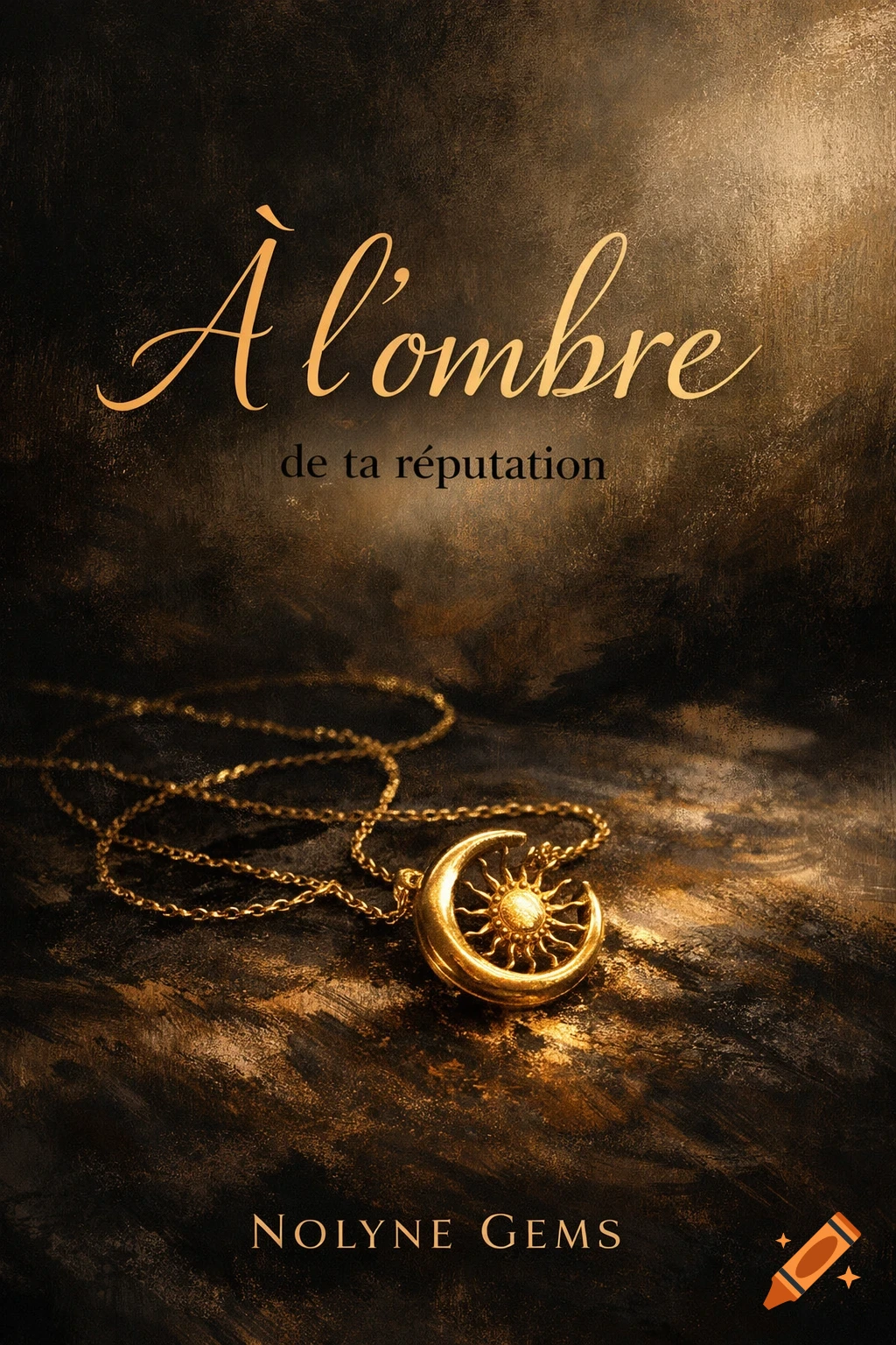 Book cover with a gold sun and moon necklace on a dark, textured background. Text reads: 'À l'ombre de ta réputation Nolyne Gems'.