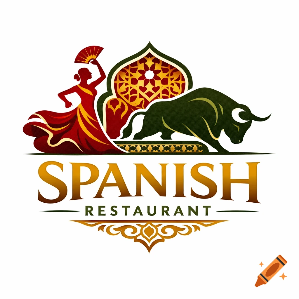 A vibrant Spanish restaurant logo in red, gold, and olive green, featuring a flamenco dancer, a bull, and "SPANISH RESTAURANT" text.