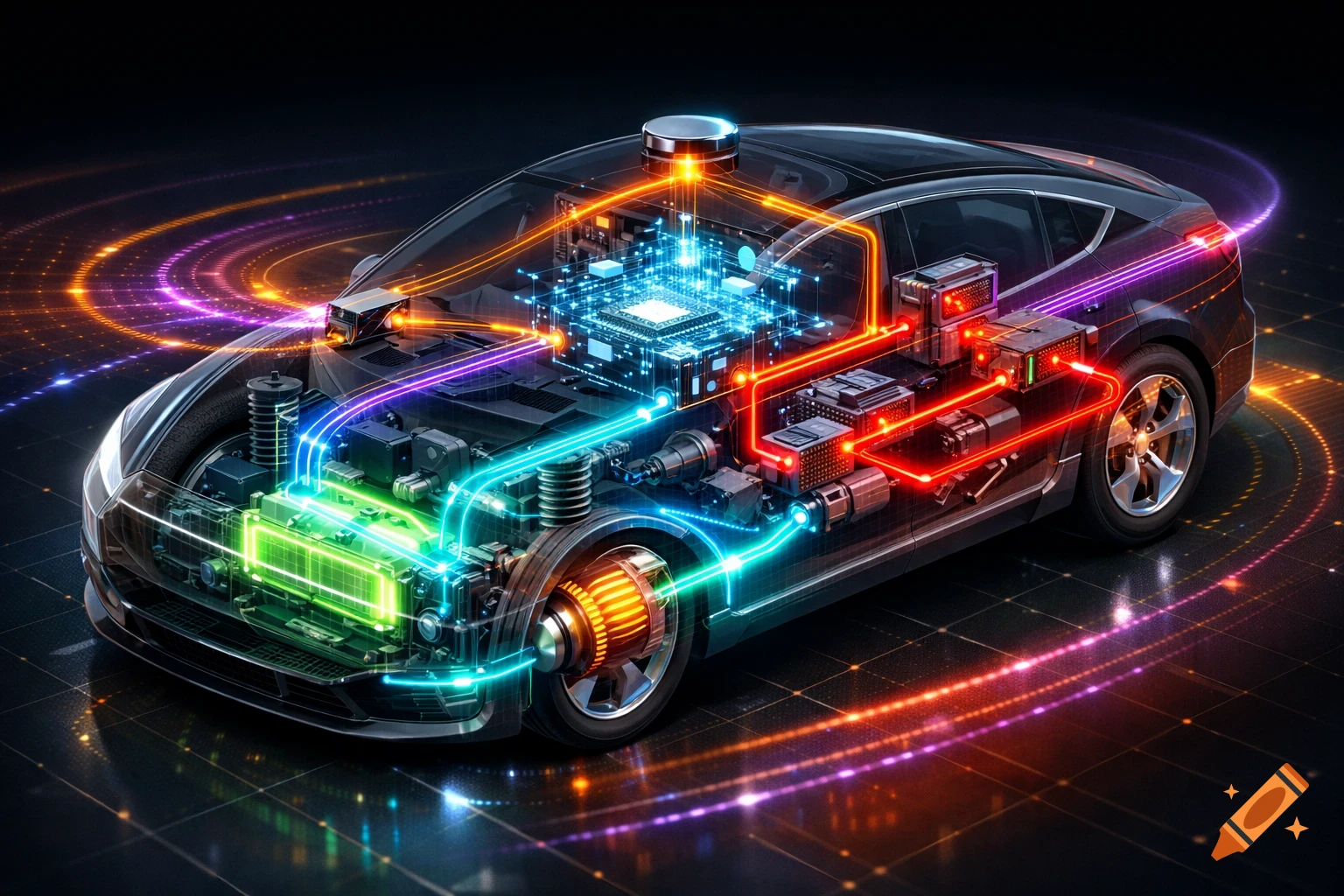 A detailed cutaway view of an autonomous electric car, revealing glowing internal circuits, battery, motor, and colorful data streams.