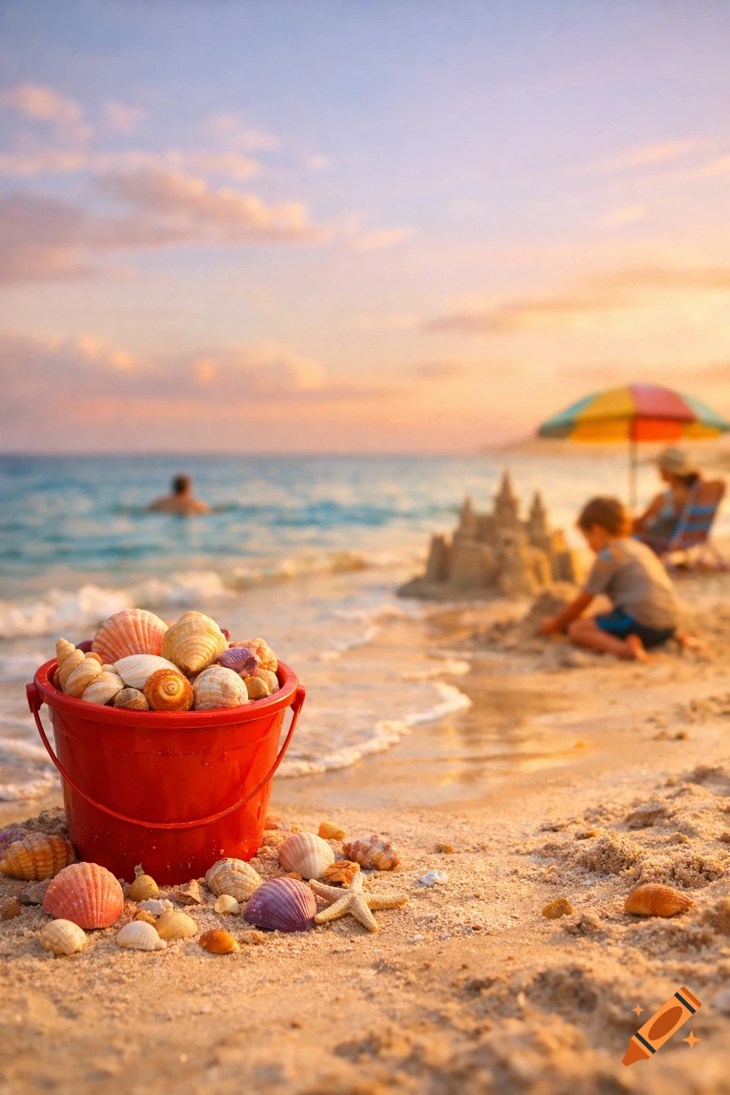 A red bucket overflowing with seashells and a starfish sits on a sandy beach at sunset, with children and a sandcastle in the blurred background.