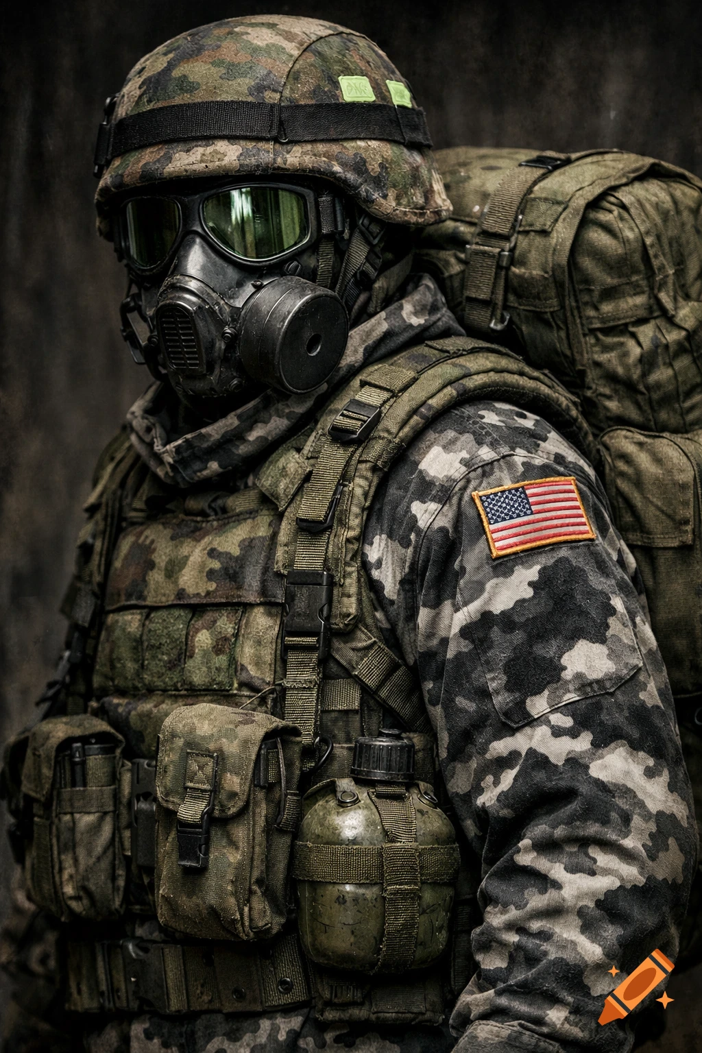 Close-up of a soldier in full camouflage, wearing a gas mask, helmet, tactical vest, and backpack, with an American flag patch on the sleeve.
