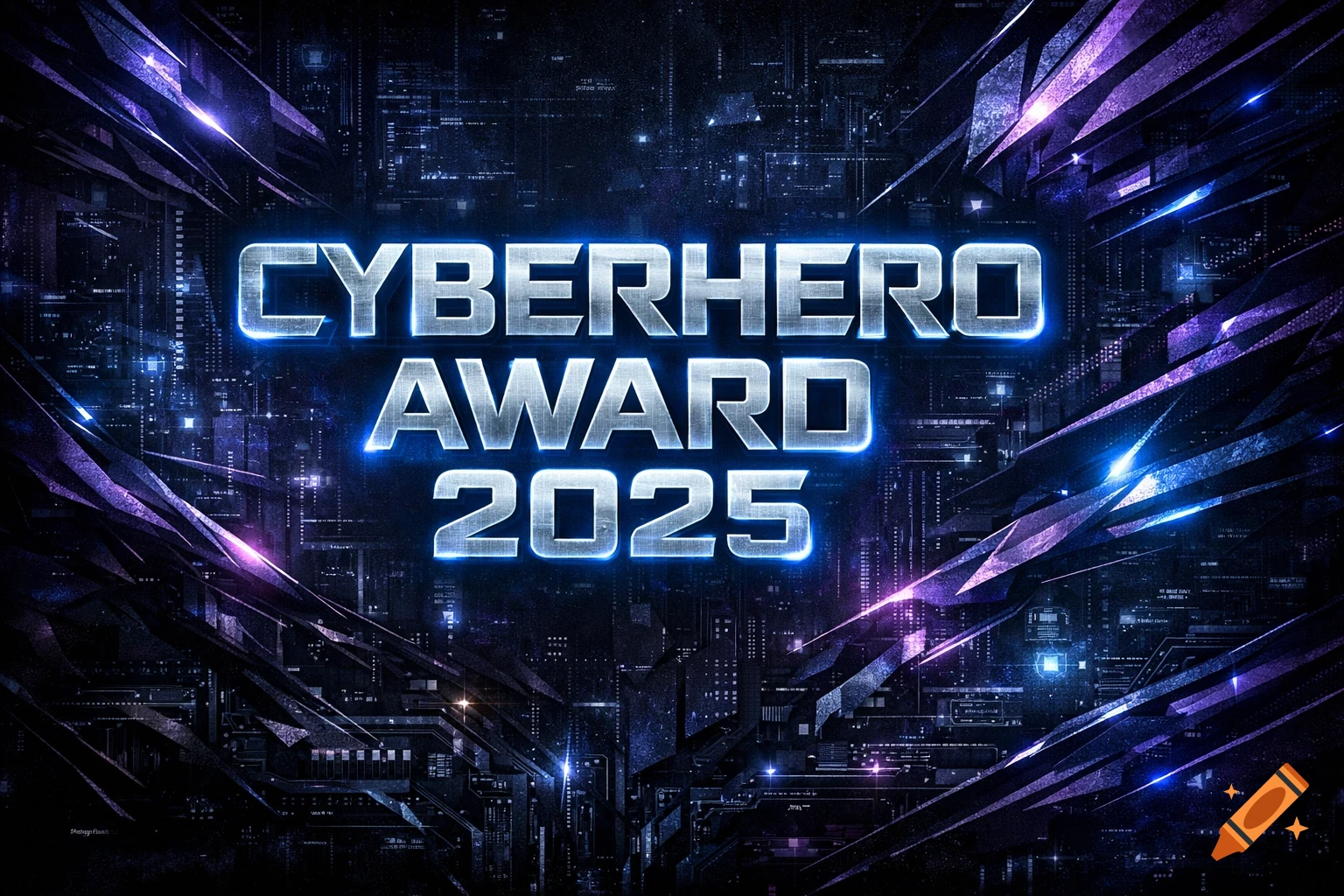 The text 'CYBERHERO AWARD 2025' in a glowing metallic font on a dark, futuristic background with blue and purple light streaks.