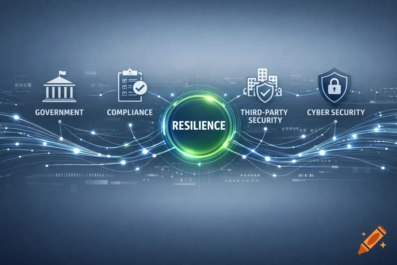 A digital infographic with 'RESILIENCE' at the center, connected to 'GOVERNMENT', 'COMPLIANCE', 'THIRD-PARTY SECURITY', and 'CYBER SECURITY' via icons and glowing lines on a blue background.