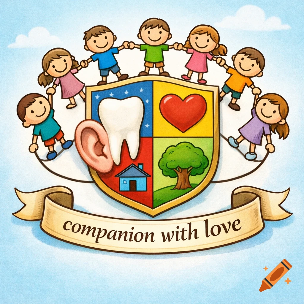 Cartoon illustration of six happy children holding hands around a shield emblem featuring an ear, tooth, heart, house, and tree, with 'companion with love' on a banner.